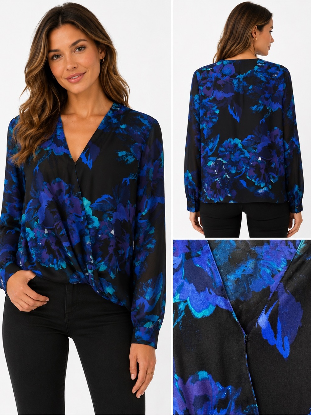 Ann Taylor Black Floral Wrap-Blouse with Blue and Teal Prints